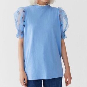 Lazy Oaf Blue Teddy Bear Puff Sleeve Top Size M
